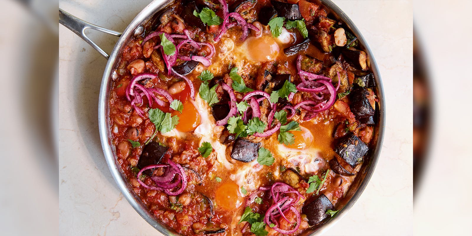Aubergine & Fava Beans with Eggs
