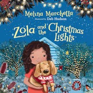 Zola and the Christmas lights book cover, showing a young girl holding a dog in the foreground and trees with Christmas lights in the background. 