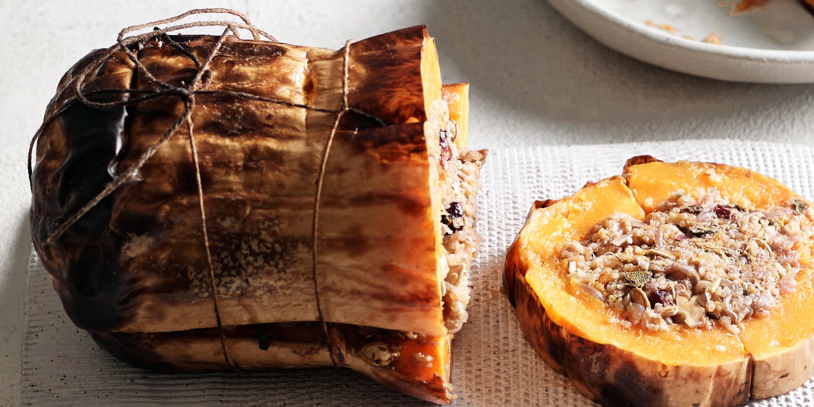 Stuffed butternut pumpkin with sage, chestnuts and cranberries
