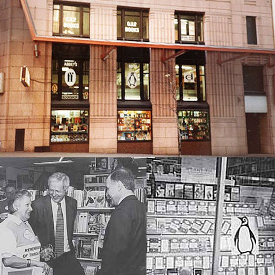 Penguin Bookshop at 66 King Street, 1983; Historic Penguin window display – Abbey’s 1995; Eve Abbey with Penguin executives Peter Blake and Peter Field at a Penguin function at Abbey’s, 1996