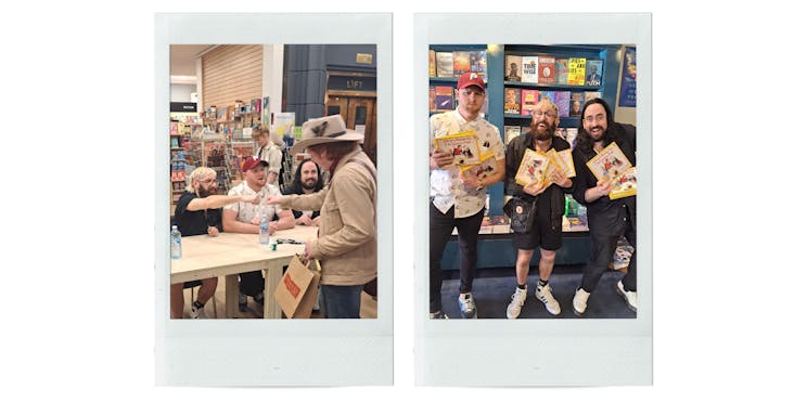 Two polaroid photos showing Aunty Donna comedy group signing books. 