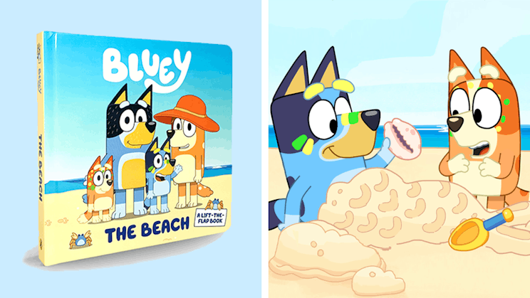 A split image showing book cover of Bluey: The Beach on the left and Bluey in the sand on the right.