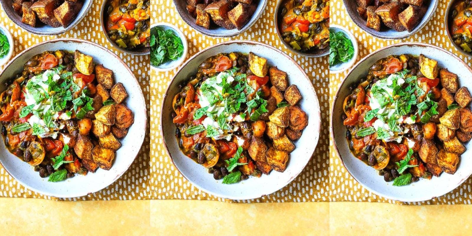 Spicy black beans with crispy sweet potatoes