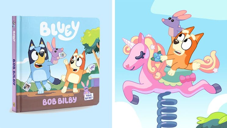 A split image showing book cover of Bluey: Bob Bilby on the left and Bingo playing with the Bob Bilby puppet on the right.