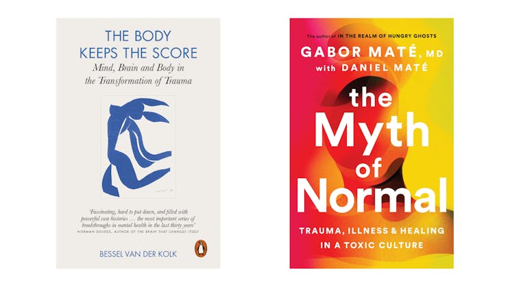 A side-by-side photo of The Body Keeps the Score book cover and The Myth of Normal book cover.