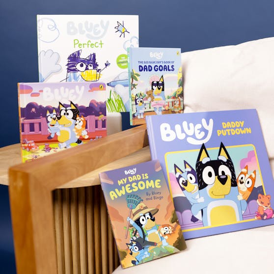 Photo of a range of Bluey books on a side table and chair. 