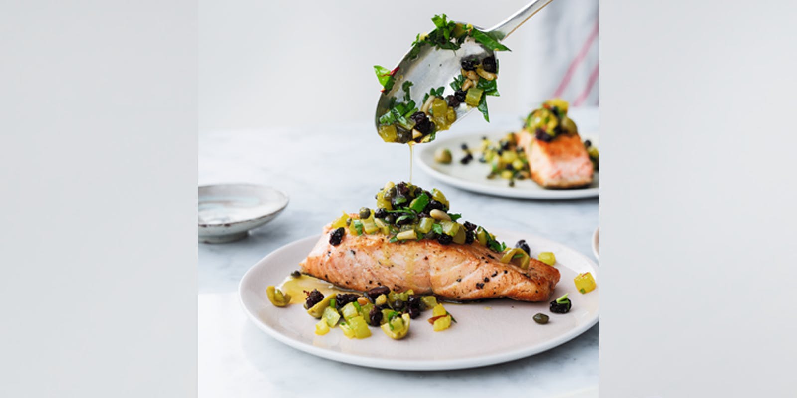 Bridget Jones’s pan-fried salmon with pine nut salsa