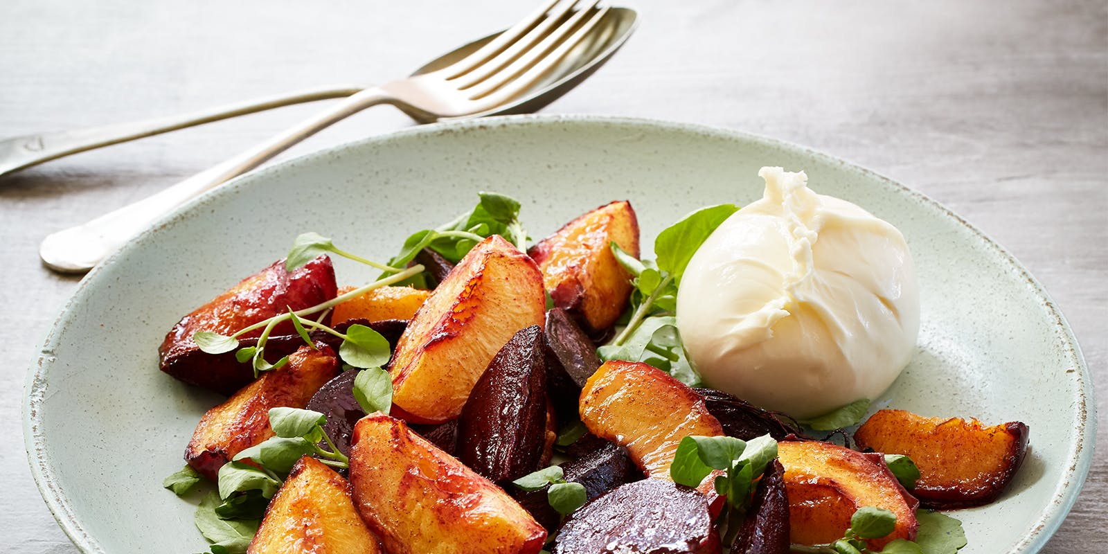 Roasted nectarines and beetroot with watercress and burrata