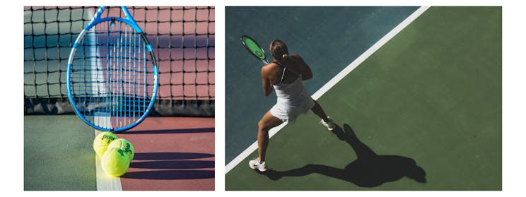 Split photo showing a tennis racket and tennis balls on the left and an overhead view of a woman on a tennis court playing in a match on the left.