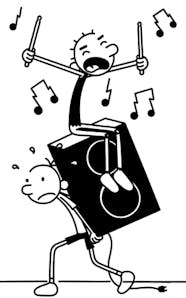 A drawing of Greg Heffley carrying an amp with his brother Rodrick sitting on top of it.