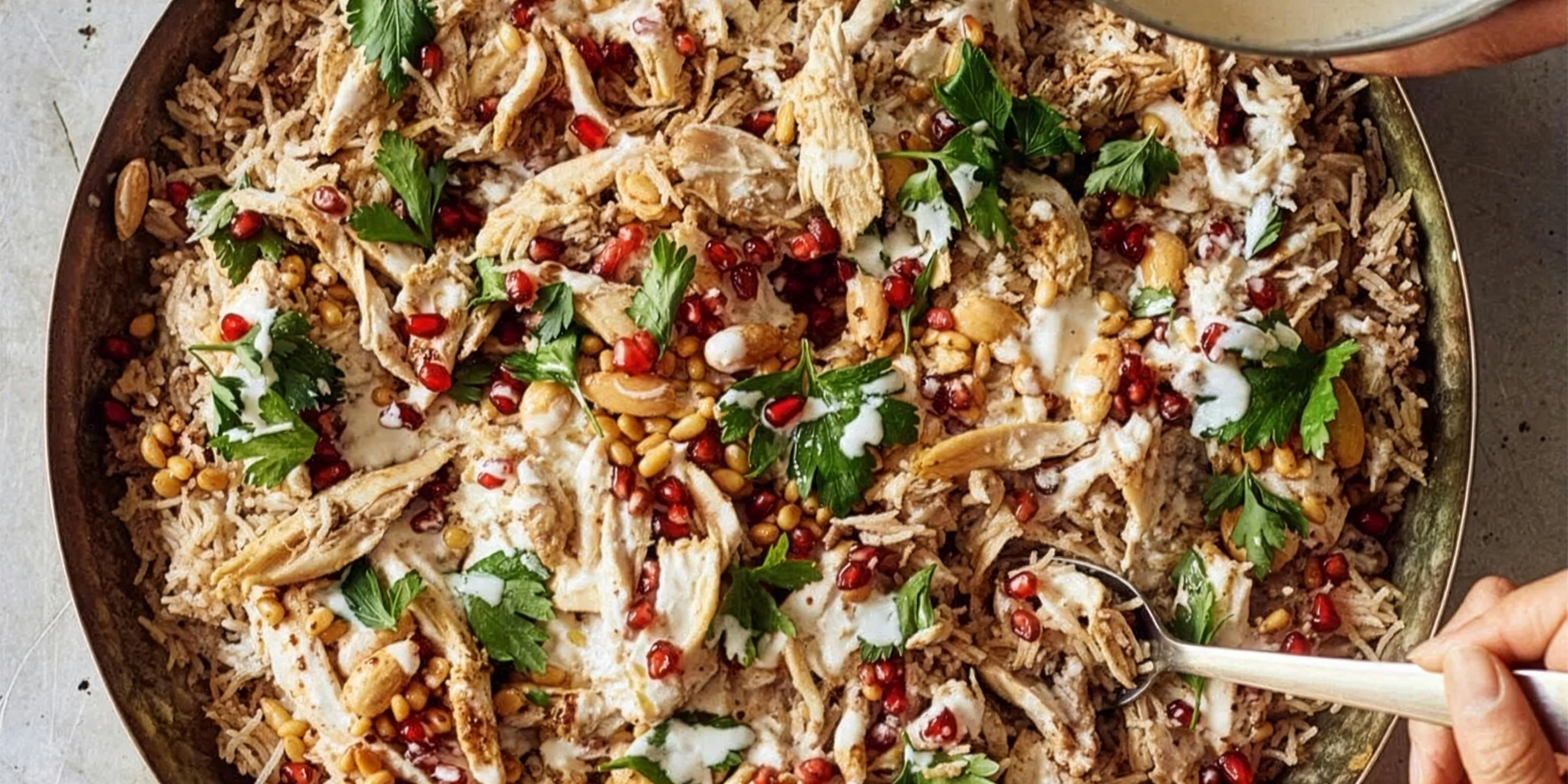 Celebration rice with lamb, chicken and garlic yoghurt