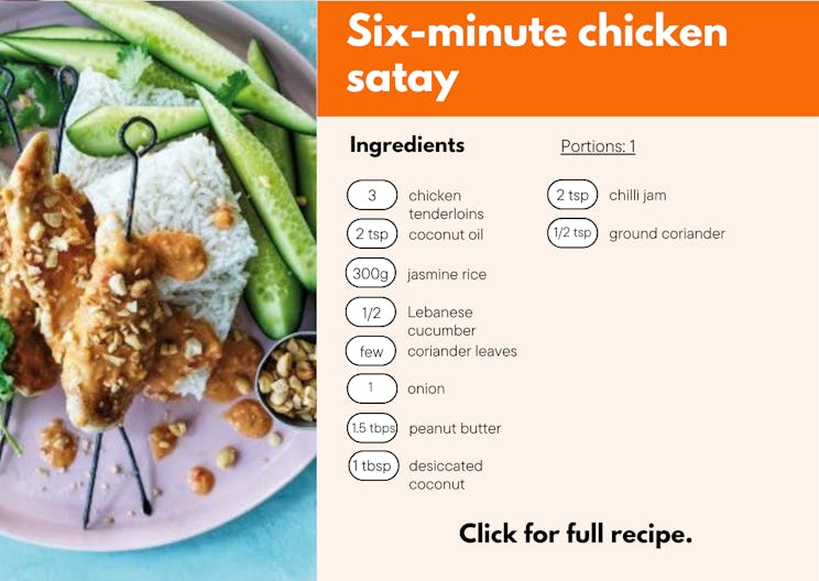 Recipe card showing ingredients for Six-minute chicken satay.