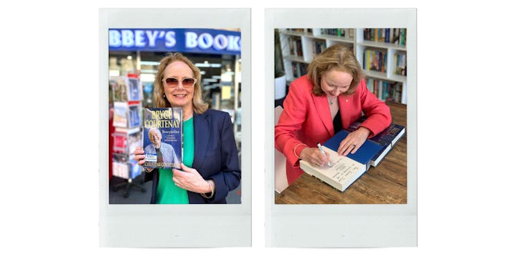 Two polaroid photos of Christine Courtenay promoting her book 'Bryce Courtenay: Storyteller'.