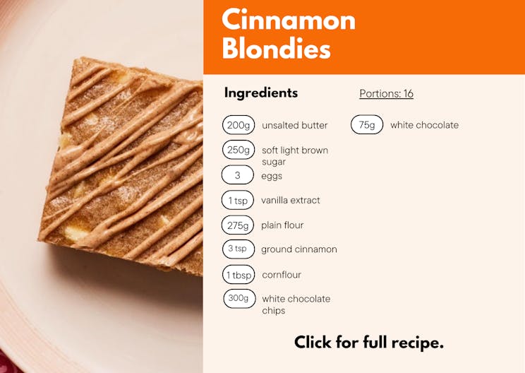 Recipe card showing ingredients for cinnamon blondies.