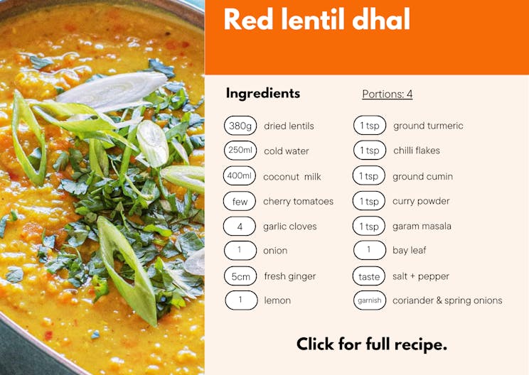 Recipe card showing ingredients for red lentil dhal.