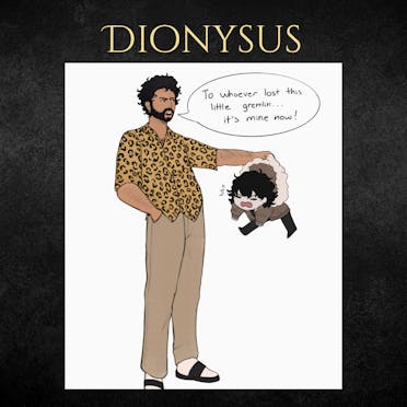 A character card showing fan art of Dionysus from Percy Jackson.