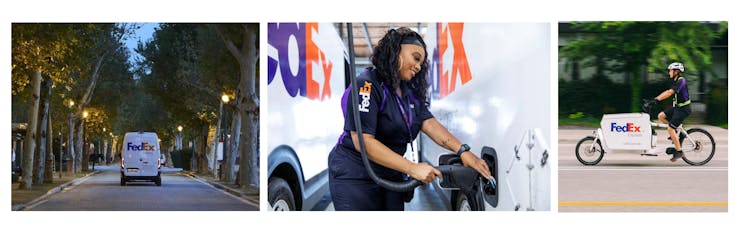 A set of three photos showing FedEx's sustainable efforts. On the left is a photo of a FedEx truck, then a photo of a FedEx worker in the middle, and a photo of a FedEx bike courier on the right. 