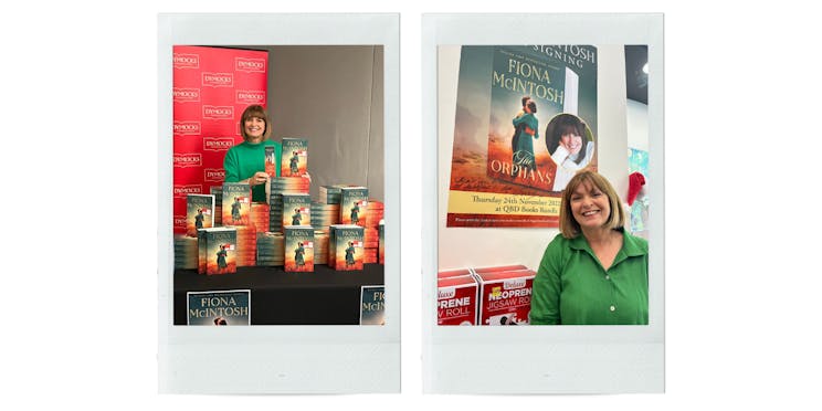Two polaroid photos of Fiona McIntosh promoting 'The Orphans'.