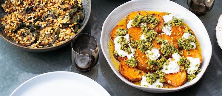 'Fondant Sweet Potatoes & Whipped Goat’s Cheese with Lime, Pistachio & Cardamom Salsa' from Flavour Kiss cookbook.
