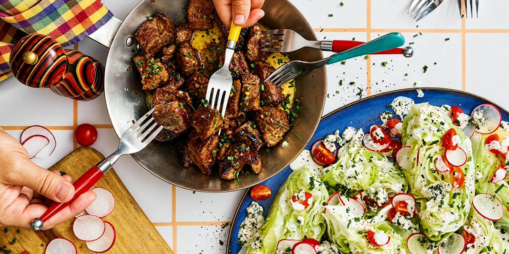French onion steak bites with blue cheese wedges