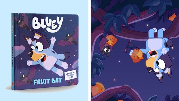 A split image showing book cover of Bluey: Fruit Bat on the left and Bluey imagining she is a fruit bat on the right.
