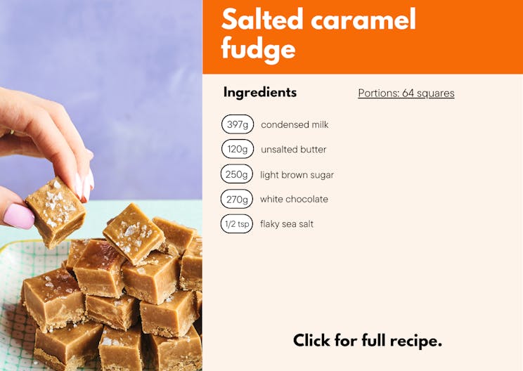 Recipe card showing ingredients for salted caramel fudge.