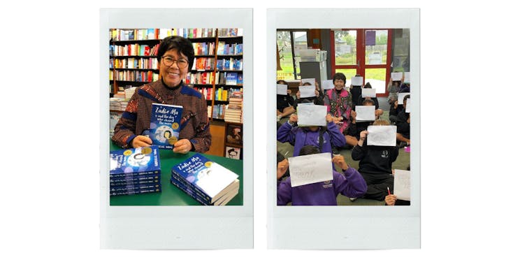 Two polaroid photos of Gabrielle Wang promoting her book and visiting students as the Australian Children's Laureate. 