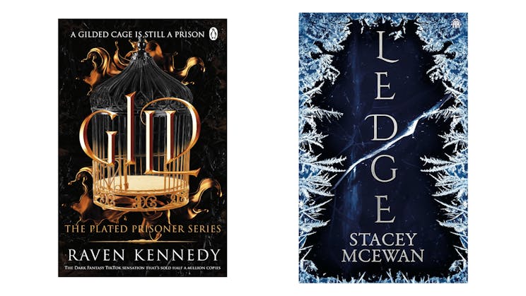A side-by-side photo of the Gild book cover and Ledge book cover.