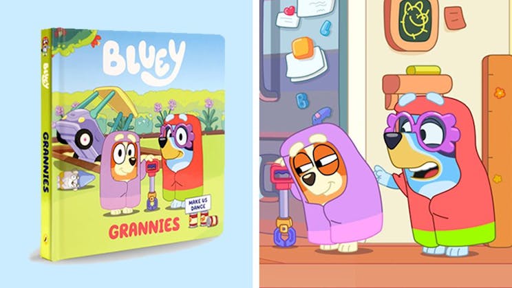 A split image showing book cover of Bluey: Grannies on the left and Bluey and Bingo dressed as Janet and Rita on the right.