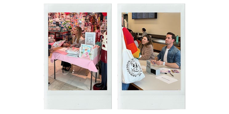 A polaroid photo of Kate Waterhouse signing her book next to a polaroid photo of Tobias Madden signing his book. 