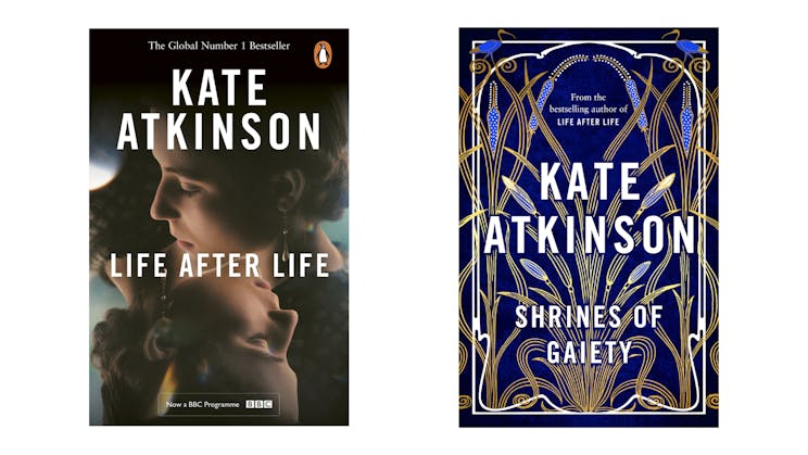 A side-by-side photo of the Life After Life book cover and Shrines of Gaiety book cover.