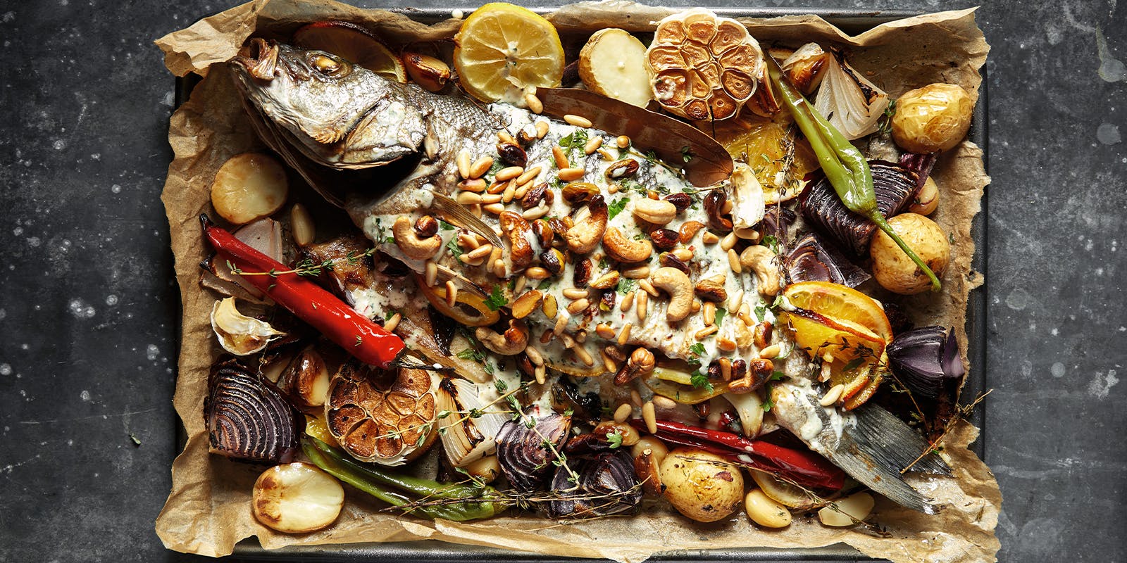Samkeh Harra (fish with tahini sauce and nuts)