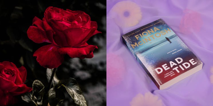 Rose next to the book 'Dead Tide' by Fiona McIntosh.
