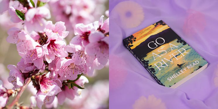 Peach blossoms next to 'Go as a River' by Shelley Read. 