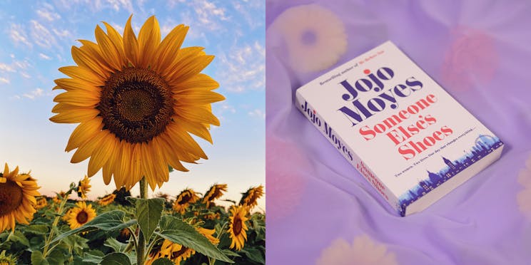 Sunflower next to the book 'Someone Else's Shoes'. 