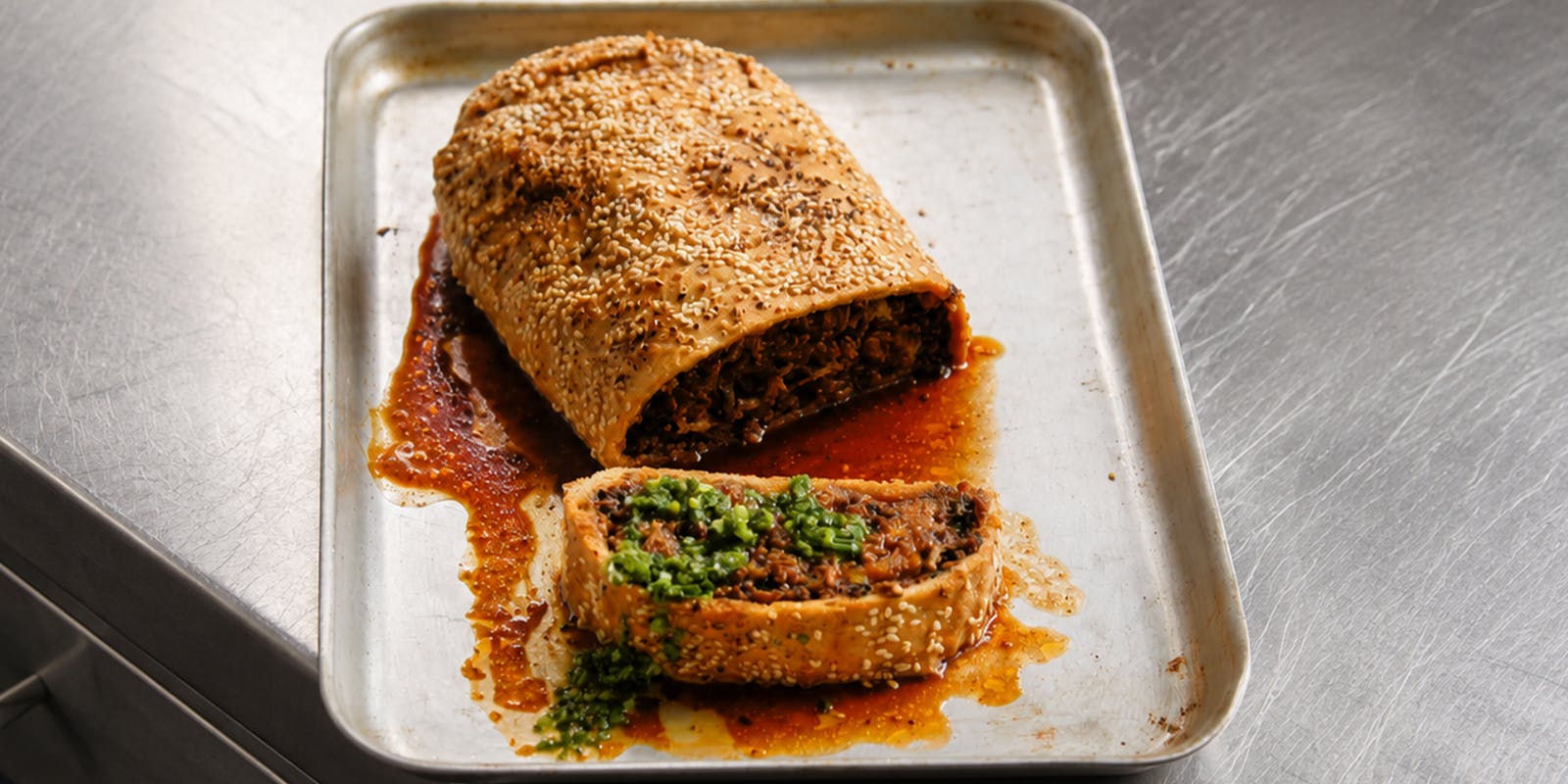 Giant Mushroom and Sesame Roll with Salsa Verde