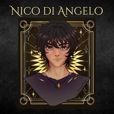 A character card showing fan art of Nico di Angelo.