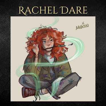 A character card showing fan art of Rachel Dare from Percy Jackson.