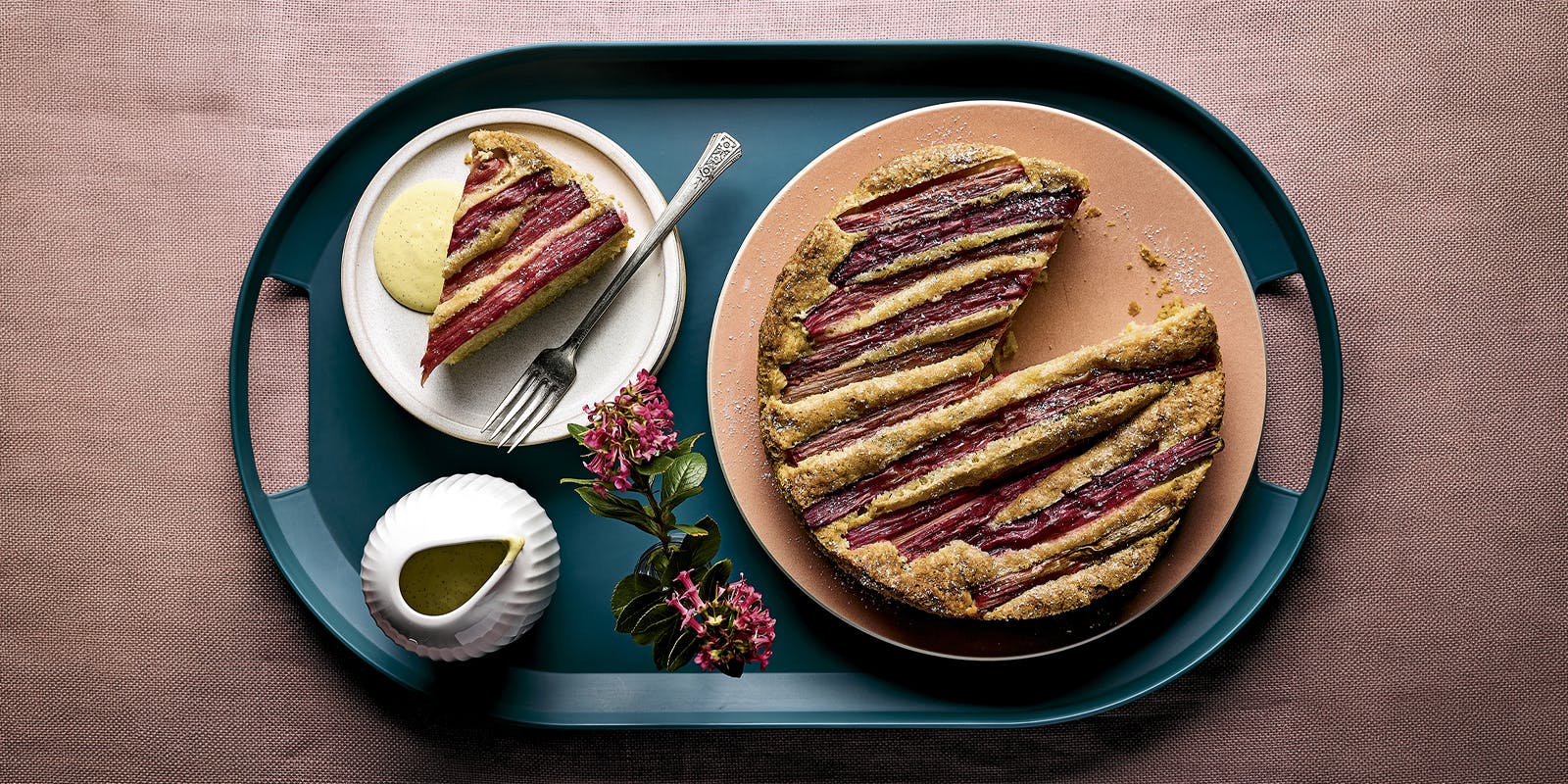 Rhubarb cake with custard sauce