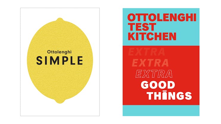 A side-by-side photo of the Ottolenghi Simple book cover and Ottolenghi Test Kitchen: Extra Good Things book cover.