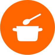 Orange circle icon with a pot and pan.