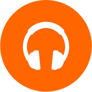 Orange circle icon with headphones.