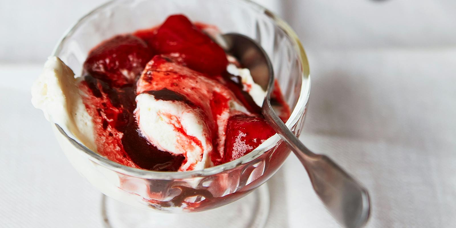 Whipped yoghurt with roasted strawberries and peanut fudge sauce