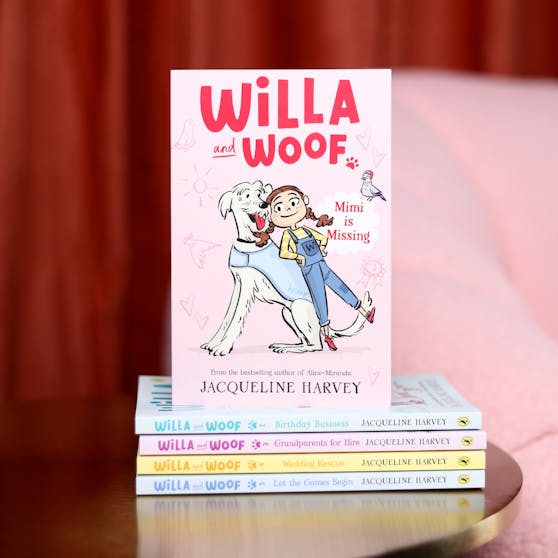 A collection of Willa and Woof books stacked up on a side-table, with book number one facing towards the camera. 